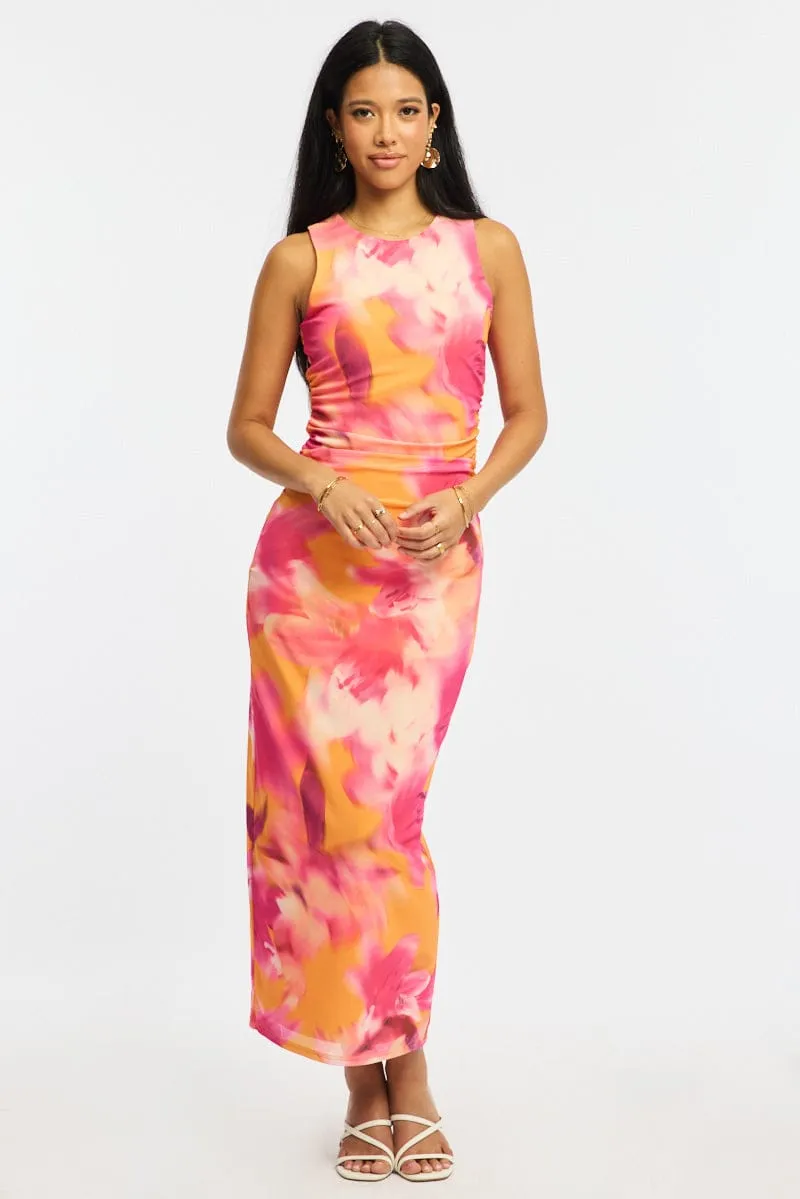 Orange Floral Bodycon Dress Sleeveless Mesh sold by Ally Fashion