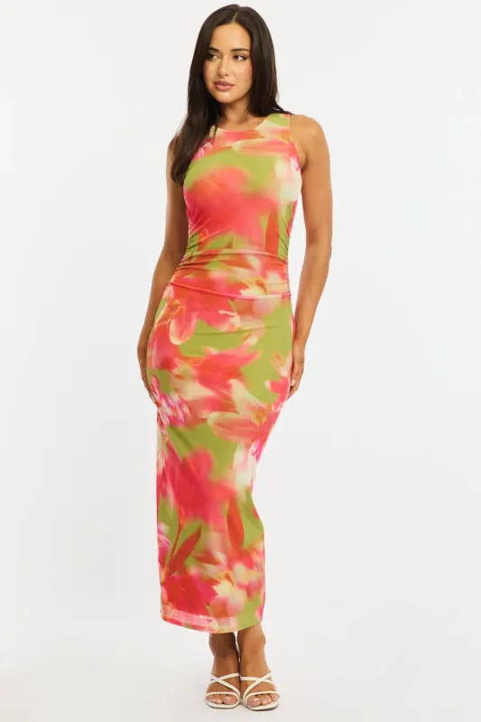 Green Floral Bodycon Dress Sleeveless Mesh made by Ally Fashion