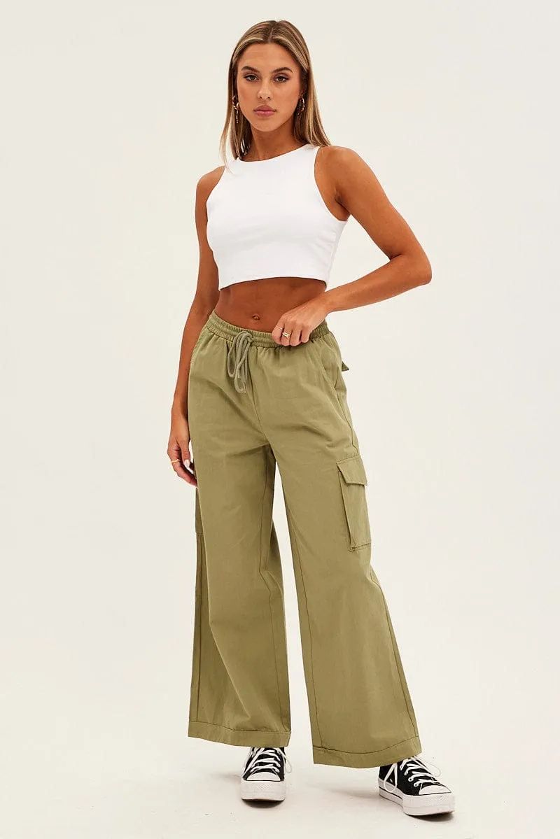 Green Cargo Pant Wide Leg Elastic Waist Cotton Twill sold by Ally Fashion