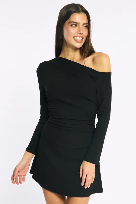 Black Singular Off Shoulder Mini Dress sold by Ally Fashion