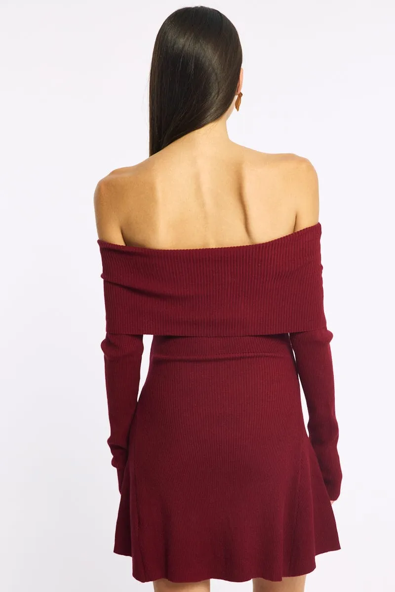 Red Knit Dress Long Sleeve Off Shoulder sold by Ally Fashion product image thumbnail 4