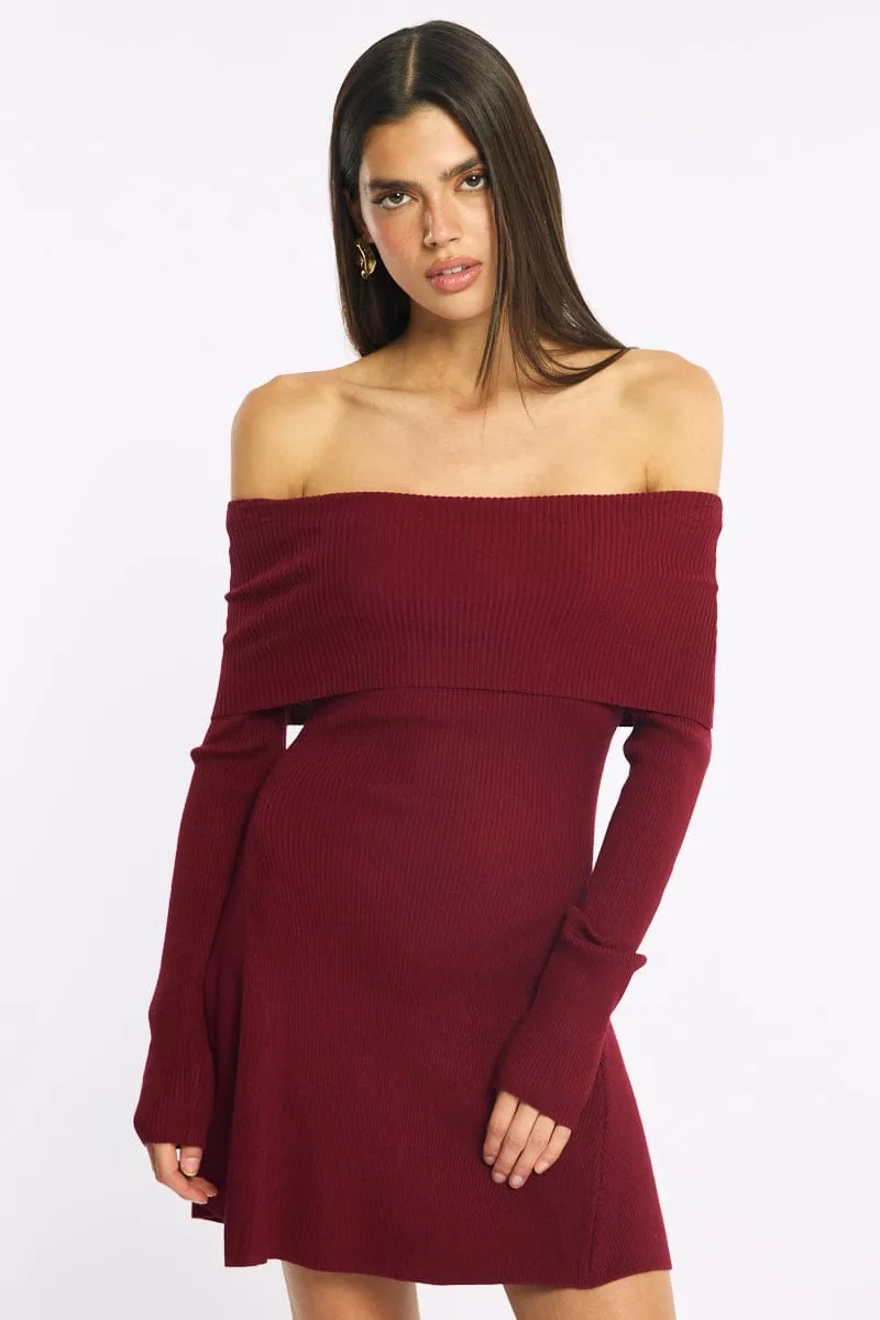 Red Knit Dress Long Sleeve Off Shoulder sold by Ally Fashion