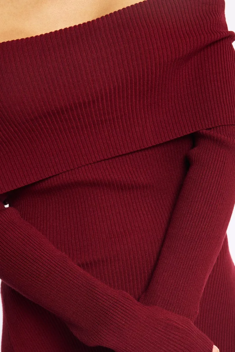 Red Knit Dress Long Sleeve Off Shoulder sold by Ally Fashion product image thumbnail 5
