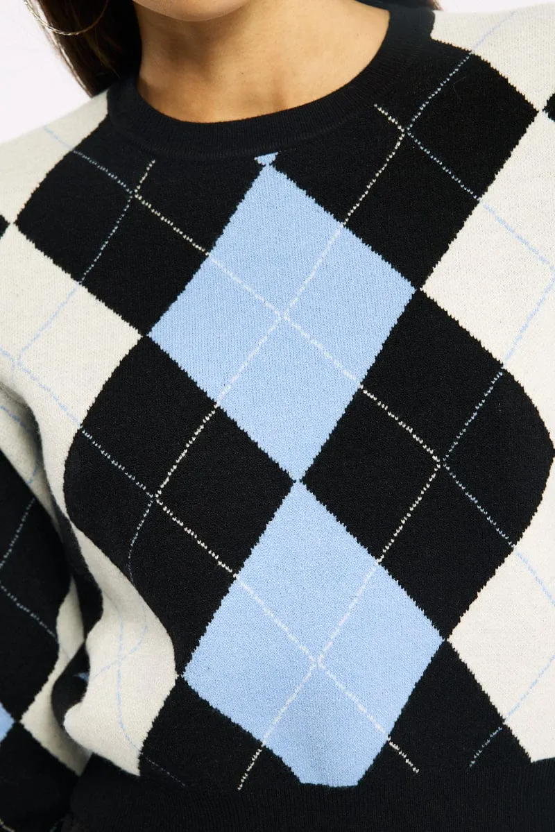 Blue Check Knit Top Long Sleeve Crew Neck Argyle sold by Ally Fashion product image thumbnail 5