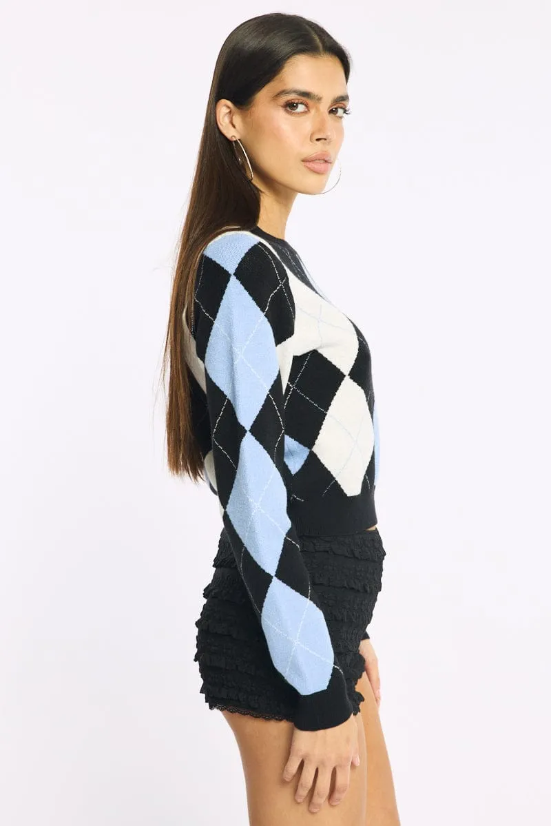 Blue Check Knit Top Long Sleeve Crew Neck Argyle sold by Ally Fashion product image thumbnail 3