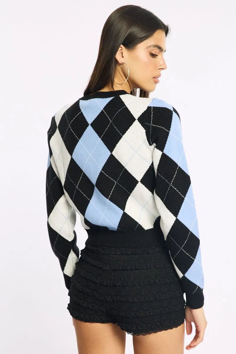 Blue Check Knit Top Long Sleeve Crew Neck Argyle sold by Ally Fashion product image thumbnail 4
