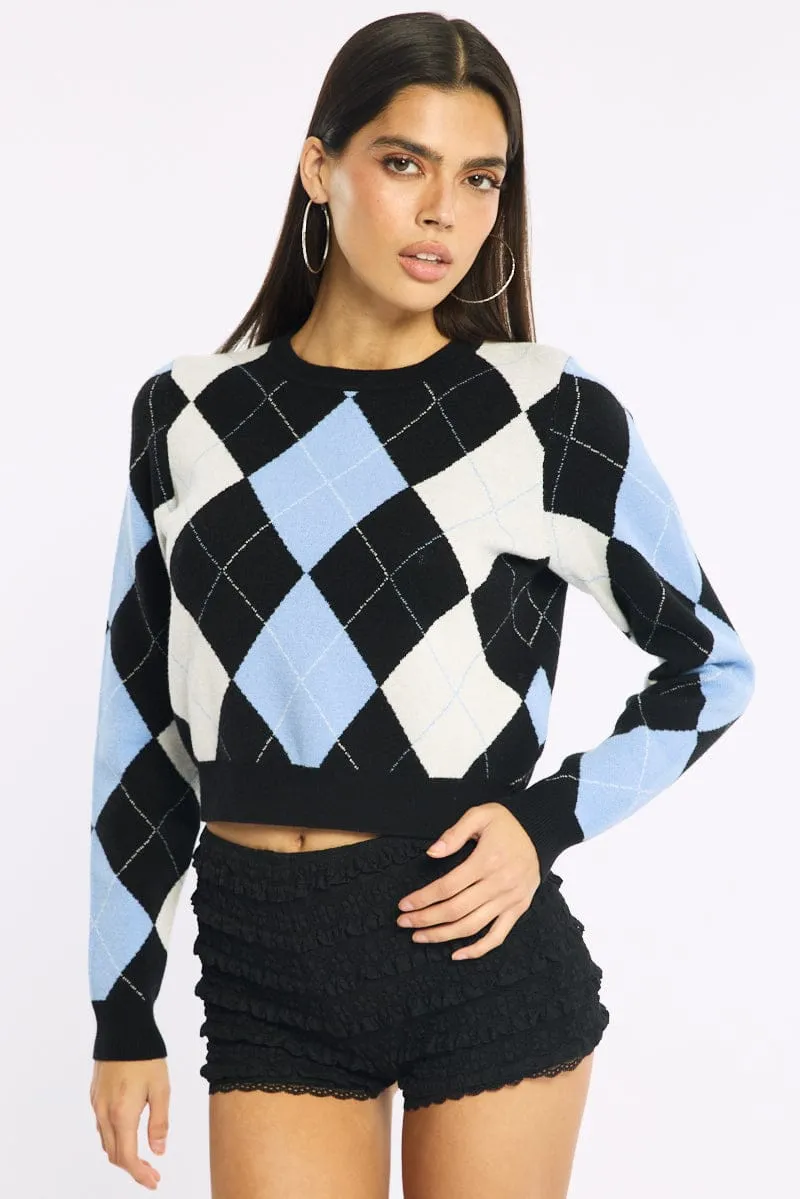 Blue Check Knit Top Long Sleeve Crew Neck Argyle sold by Ally Fashion