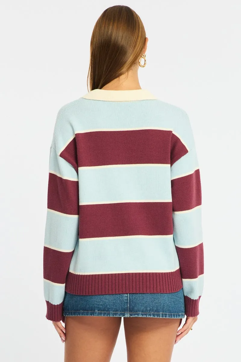 Blue Stripe Stripe Knit Long Sleeve Collared Rugby Jersey sold by Ally Fashion product image thumbnail 5