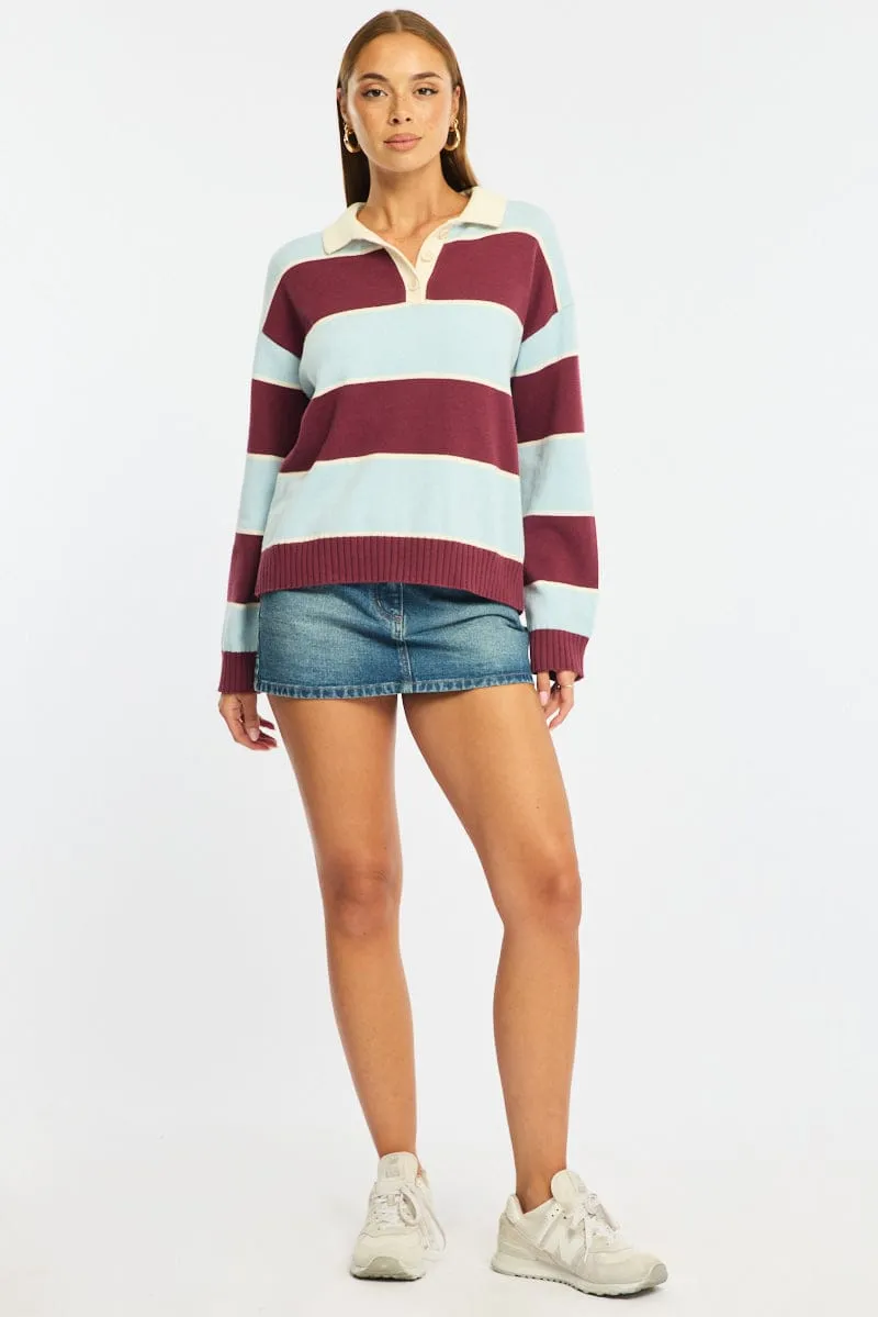 Blue Stripe Stripe Knit Long Sleeve Collared Rugby Jersey sold by Ally Fashion product image thumbnail 2