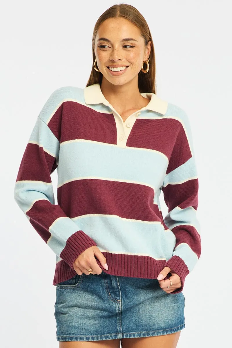 Blue Stripe Stripe Knit Long Sleeve Collared Rugby Jersey sold by Ally Fashion product image thumbnail 3