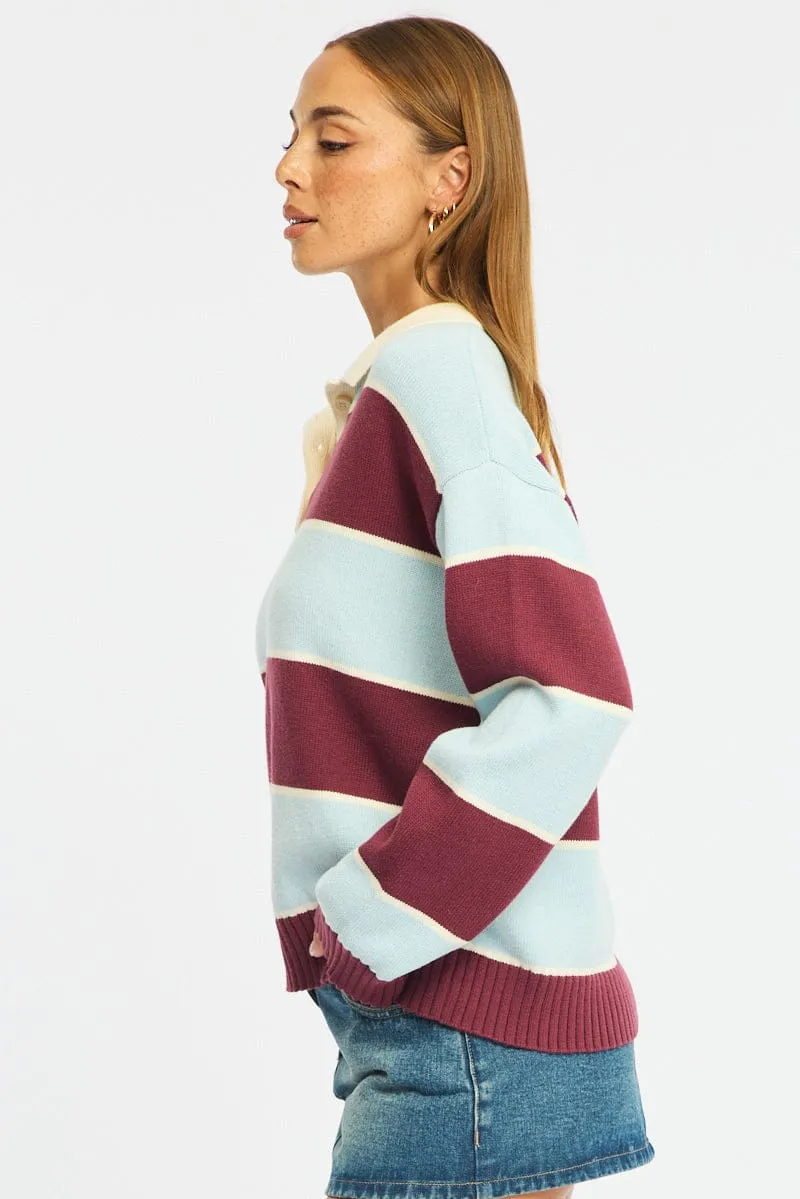 Blue Stripe Stripe Knit Long Sleeve Collared Rugby Jersey sold by Ally Fashion product image thumbnail 4