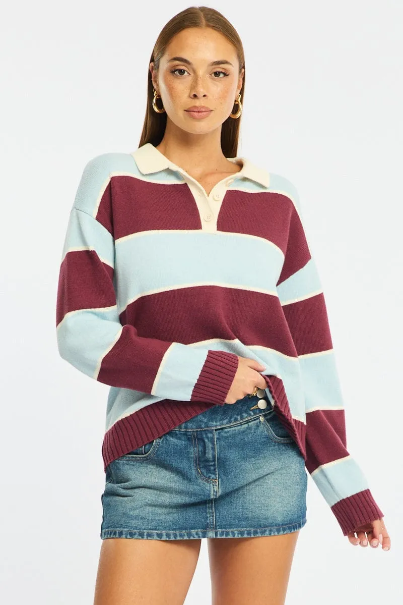 Blue Stripe Stripe Knit Long Sleeve Collared Rugby Jersey sold by Ally Fashion
