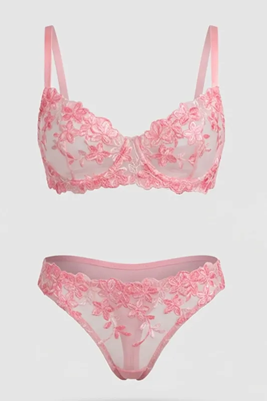 Pink Floral Embroidery Lingerie Set sold by Ally Fashion