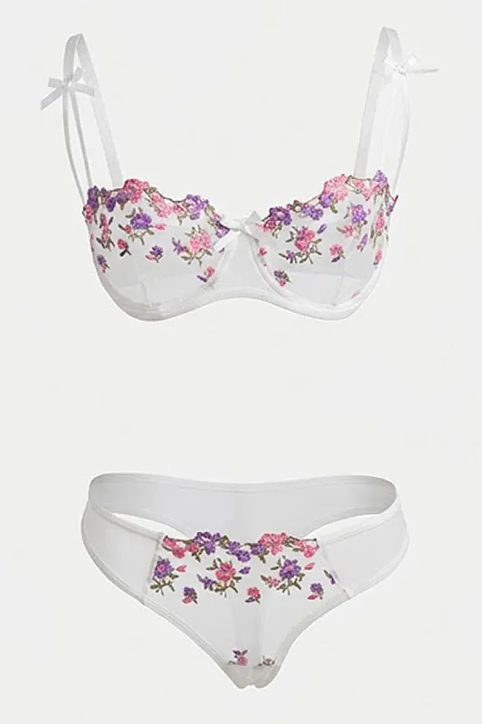 White Floral Embroidery Lingerie Set made by Ally Fashion