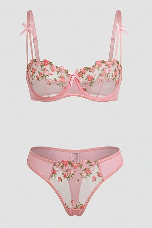 Pink Floral Embroidery Lingerie Set sold by Ally Fashion
