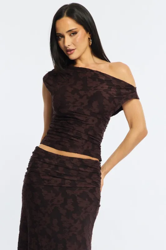 Brown Asymmetric Top Sleeveless One Shoulder Textured made by Ally Fashion
