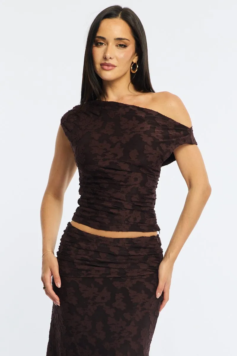 Brown Asymmetric Top Sleeveless One Shoulder Textured sold by Ally Fashion product image thumbnail 3