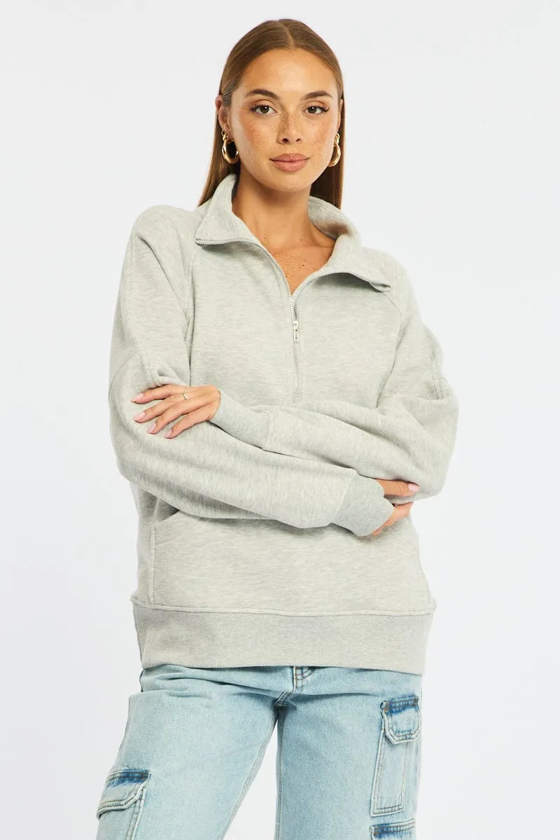 Grey Zip Up Sweater Long Sleeve sold by Ally Fashion