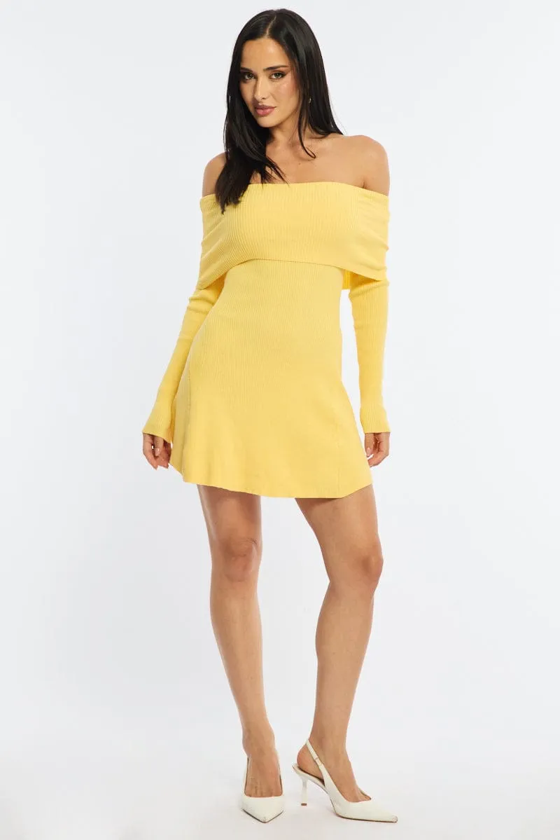 Yellow Knit Dress Long Sleeve Off Shoulder sold by Ally Fashion product image thumbnail 2