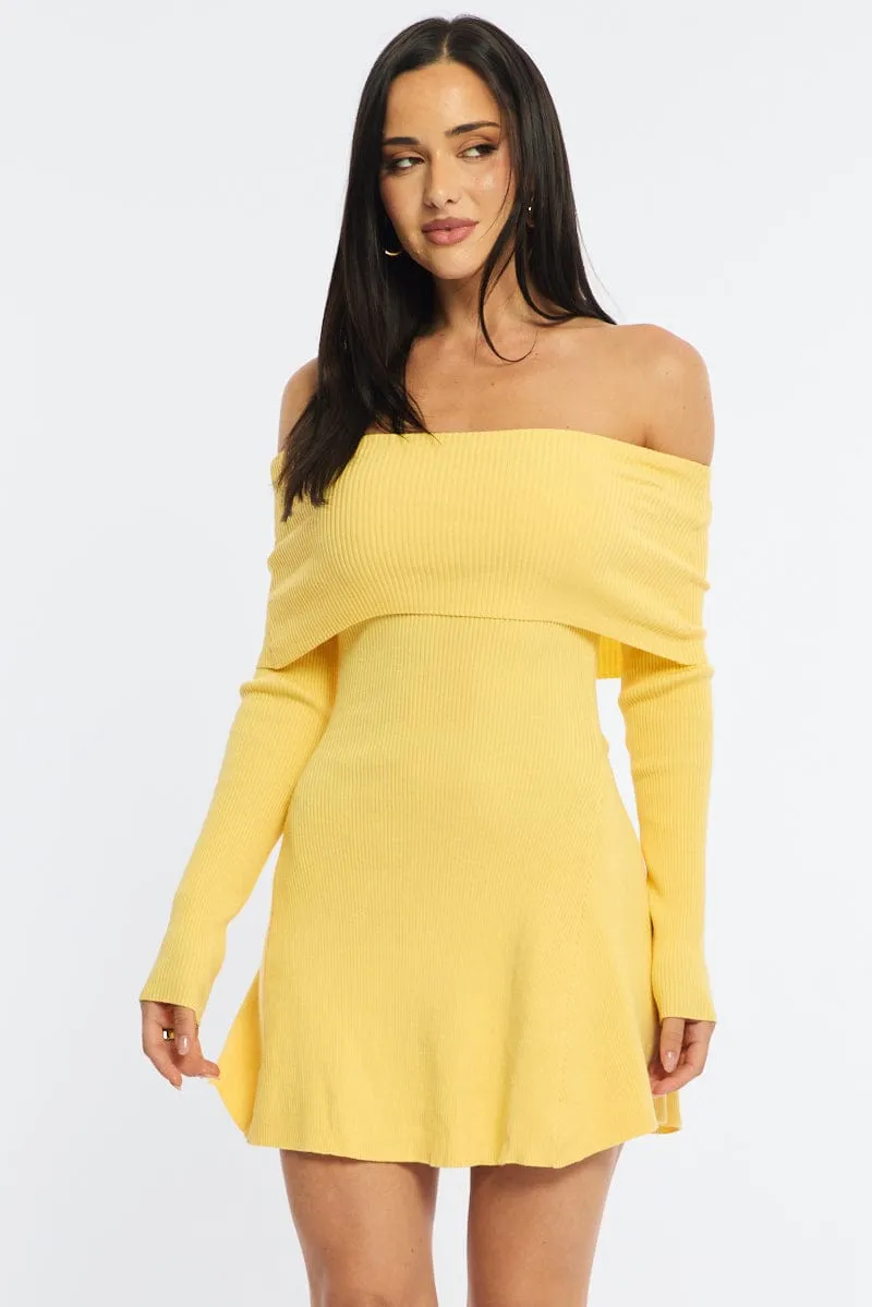 Yellow Knit Dress Long Sleeve Off Shoulder sold by Ally Fashion product image thumbnail 3