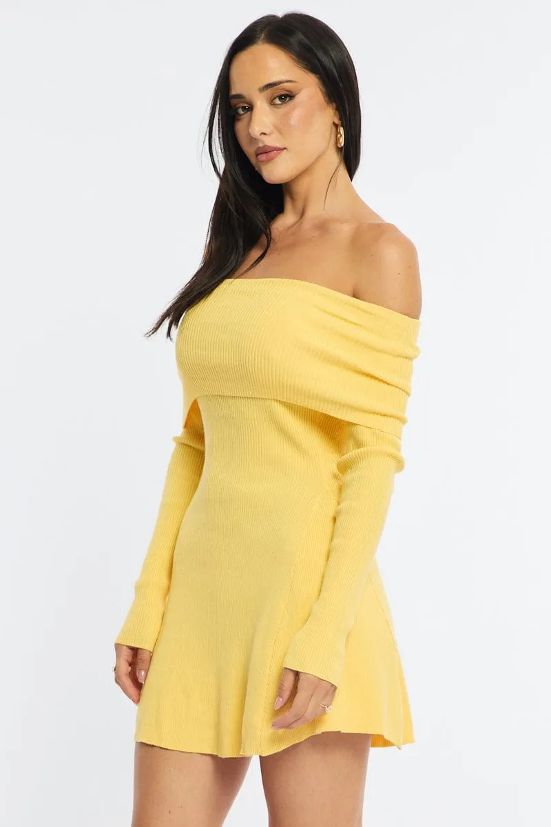 Yellow Knit Dress Long Sleeve Off Shoulder sold by Ally Fashion product image thumbnail 4