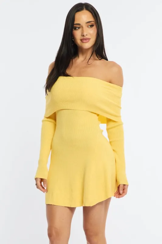 Yellow Knit Dress Long Sleeve Off Shoulder sold by Ally Fashion