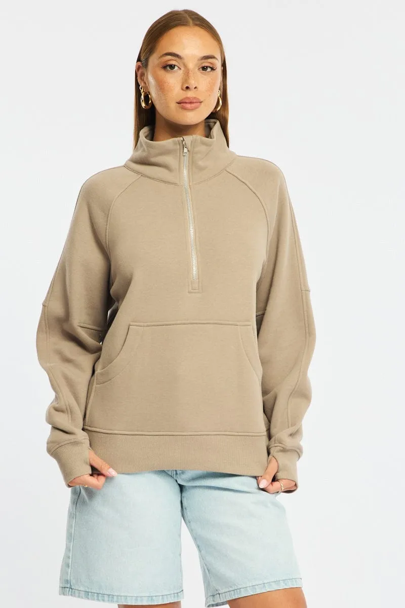 Beige Zip Up Sweater Long Sleeve sold by Ally Fashion