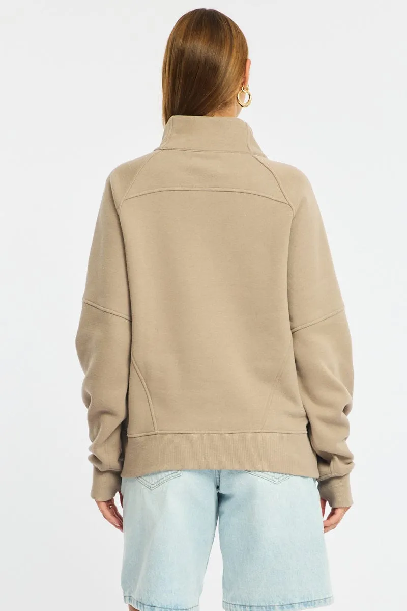 Beige Zip Up Sweater Long Sleeve sold by Ally Fashion product image thumbnail 5
