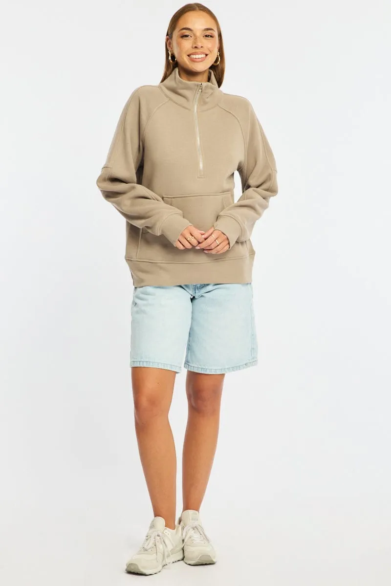 Beige Zip Up Sweater Long Sleeve sold by Ally Fashion product image thumbnail 2