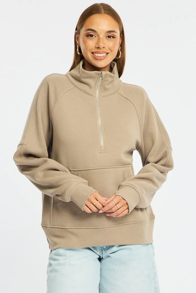 Beige Zip Up Sweater Long Sleeve sold by Ally Fashion product image thumbnail 3