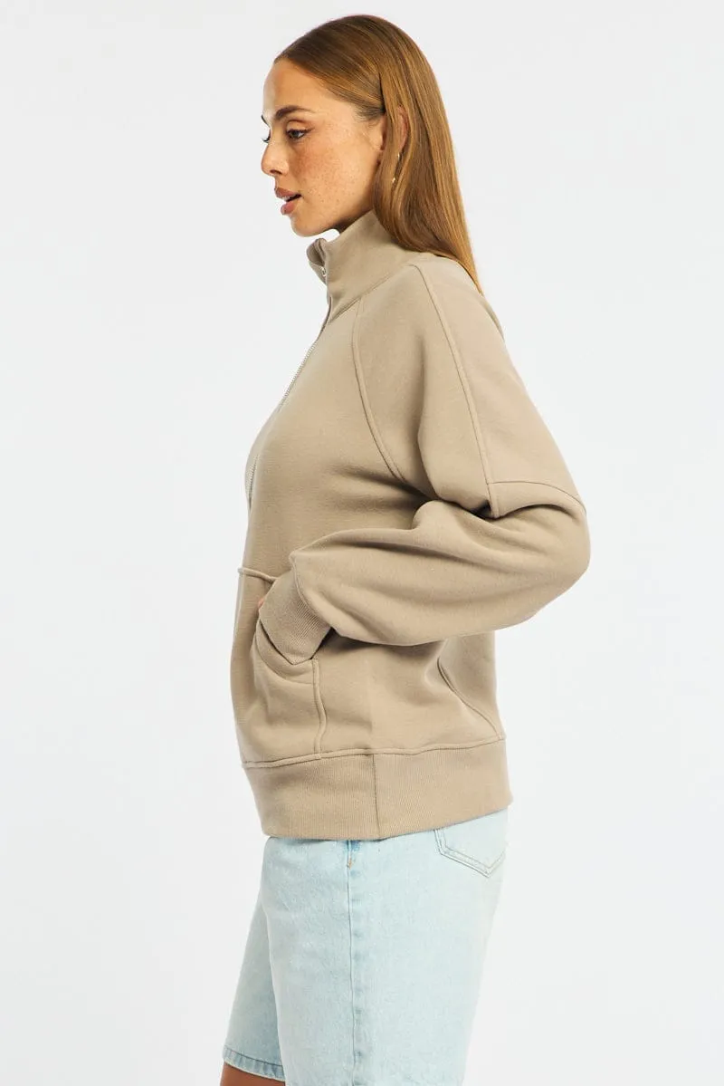 Beige Zip Up Sweater Long Sleeve sold by Ally Fashion product image thumbnail 4