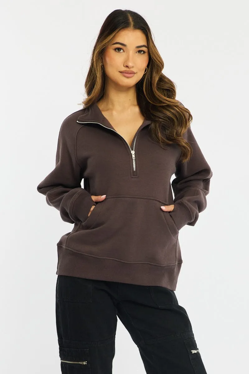 Brown Zip Up Sweater Long Sleeve sold by Ally Fashion product image thumbnail 3