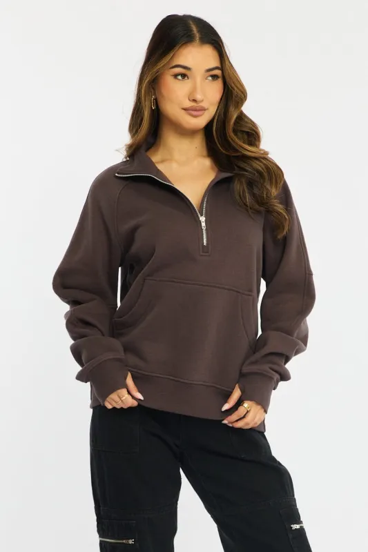 Brown Zip Up Sweater Long Sleeve sold by Ally Fashion