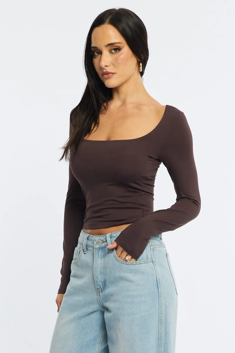 Brown Long Sleeve Slim Fit Scoop Neck Top sold by Ally Fashion product image thumbnail 4