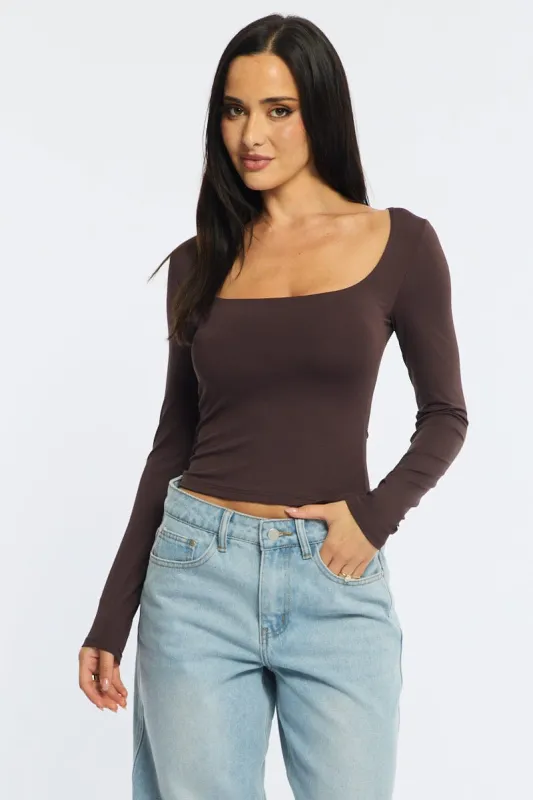 Brown Long Sleeve Slim Fit Scoop Neck Top sold by Ally Fashion