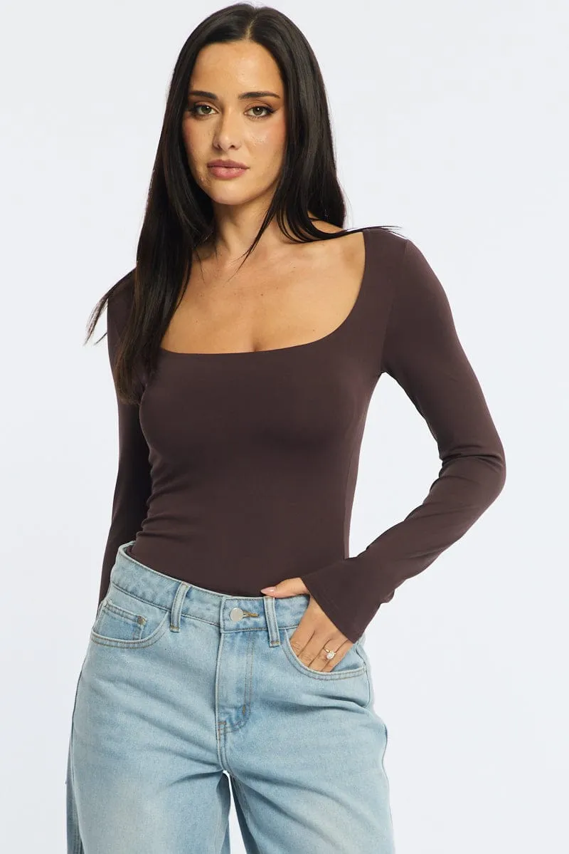 Brown Long Sleeve Slim Fit Scoop Neck Top sold by Ally Fashion product image thumbnail 3