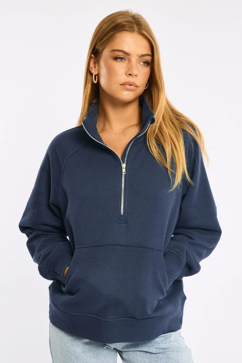 Blue Zip Up Sweater Long Sleeve sold by Ally Fashion