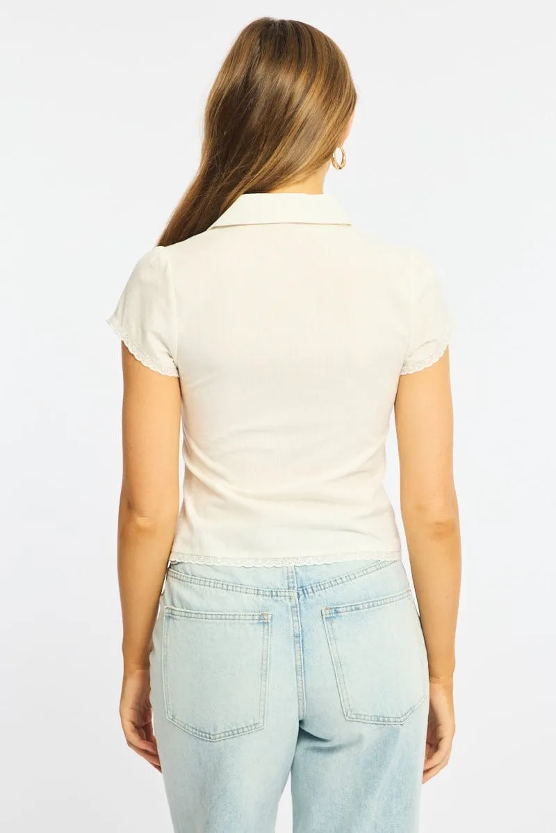 White Lace Trim Shirt Cap Sleeve Collared Textured sold by Ally Fashion product image thumbnail 5