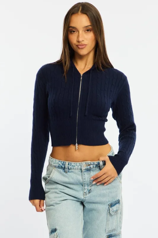 Blue Cable Knit Zip-up Hooded Cardigan sold by Ally Fashion