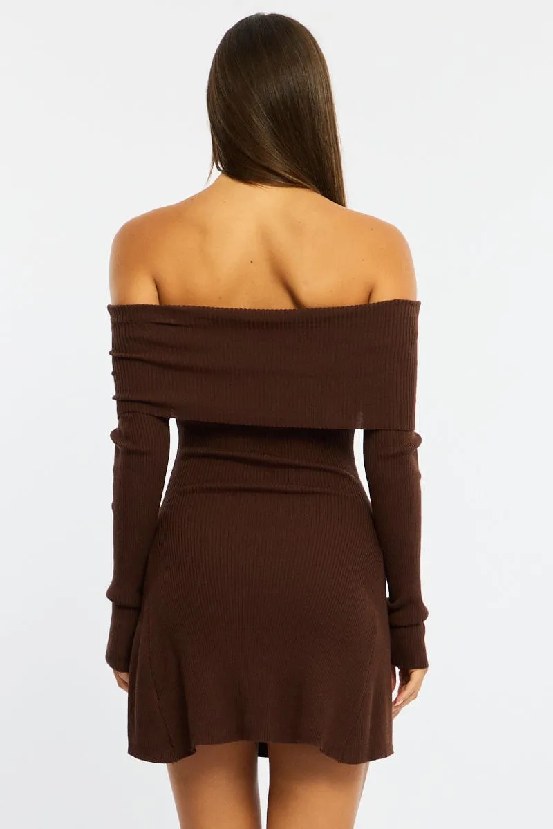 Brown Knit Dress Long Sleeve Off Shoulder sold by Ally Fashion product image thumbnail 5