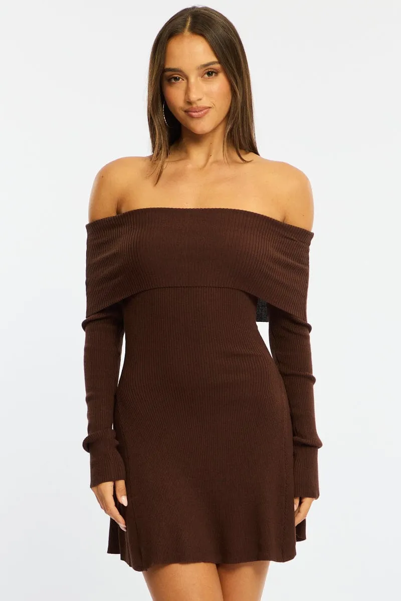 Brown Knit Dress Long Sleeve Off Shoulder sold by Ally Fashion product image thumbnail 3