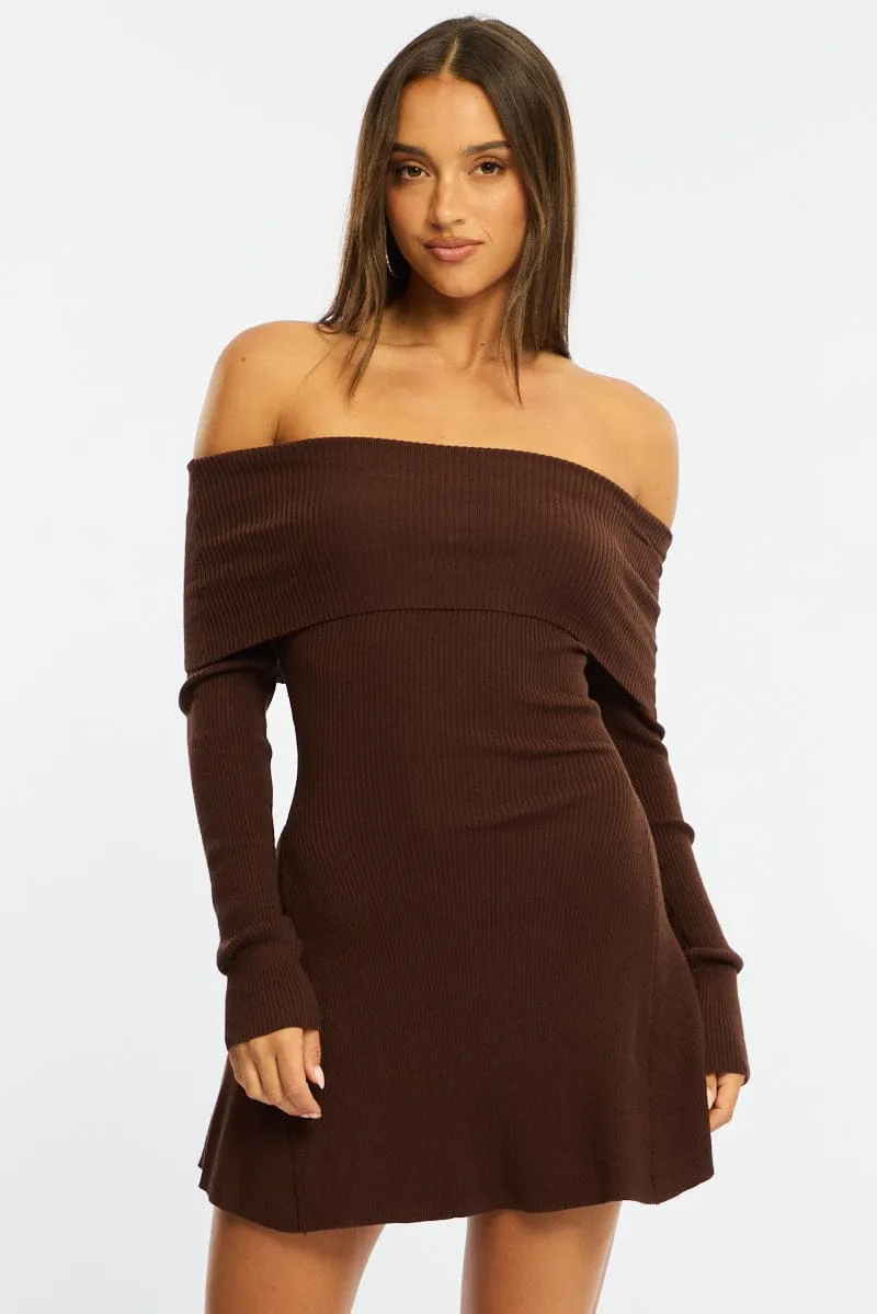 Brown Knit Dress Long Sleeve Off Shoulder sold by Ally Fashion