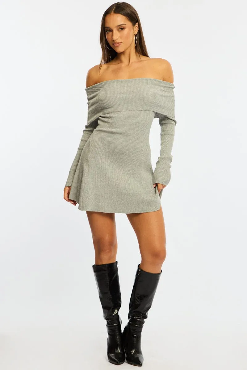 Grey Knit Dress Long Sleeve Off Shoulder sold by Ally Fashion product image thumbnail 2
