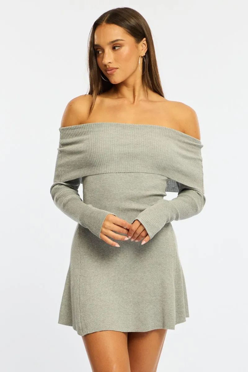 Grey Knit Dress Long Sleeve Off Shoulder sold by Ally Fashion product image thumbnail 3