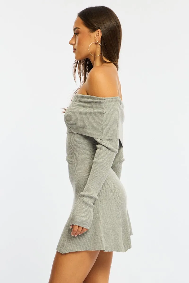 Grey Knit Dress Long Sleeve Off Shoulder sold by Ally Fashion product image thumbnail 4