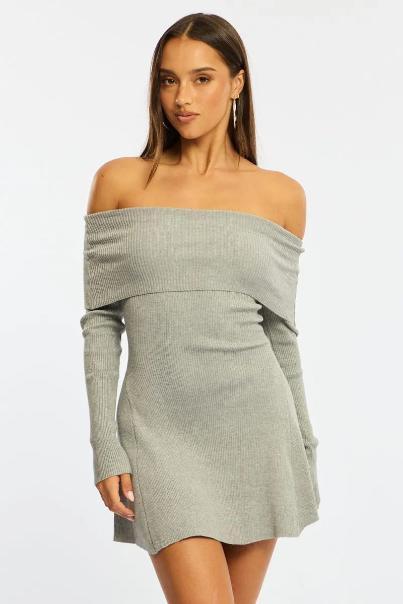 Grey Knit Dress Long Sleeve Off Shoulder sold by Ally Fashion