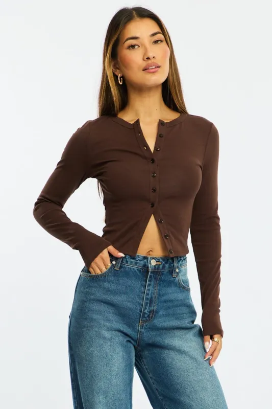 Brown Stripe Button Front Top Short Sleeve made by Ally Fashion