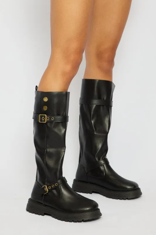 Black Buckle Detail Biker Boots sold by Ally Fashion