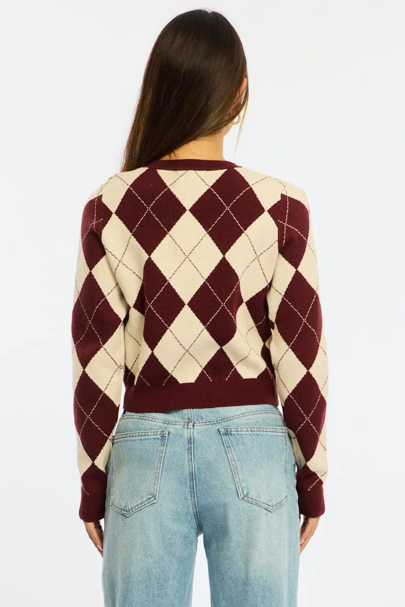 Red Check Knit Top Long Sleeve V-neck Argyle sold by Ally Fashion product image thumbnail 5