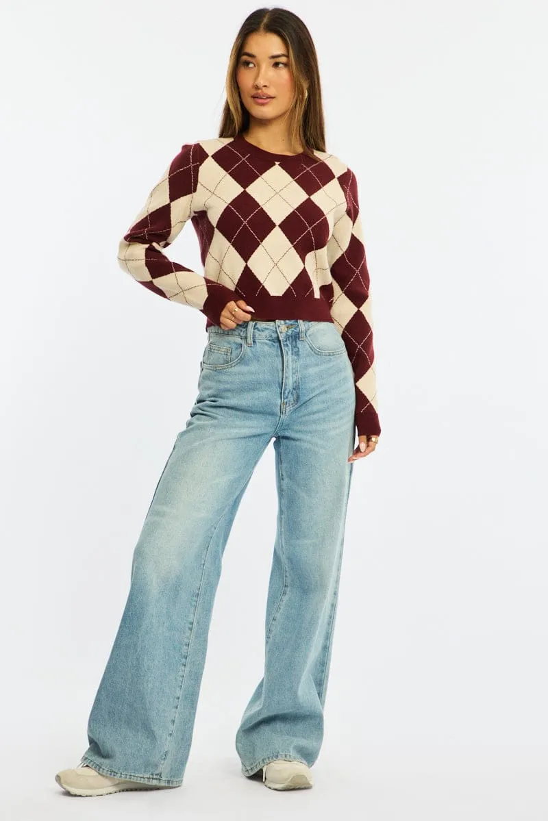 Red Check Knit Top Long Sleeve V-neck Argyle sold by Ally Fashion product image thumbnail 2